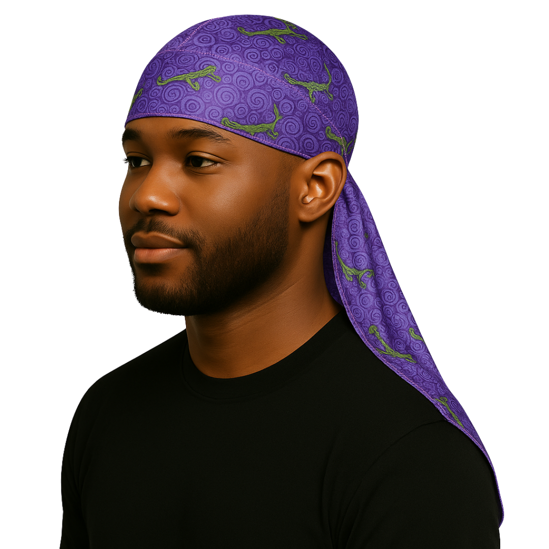 Man wearing Violet Gum Fruit - Silky Crown Durag with purple and green pattern on white background.