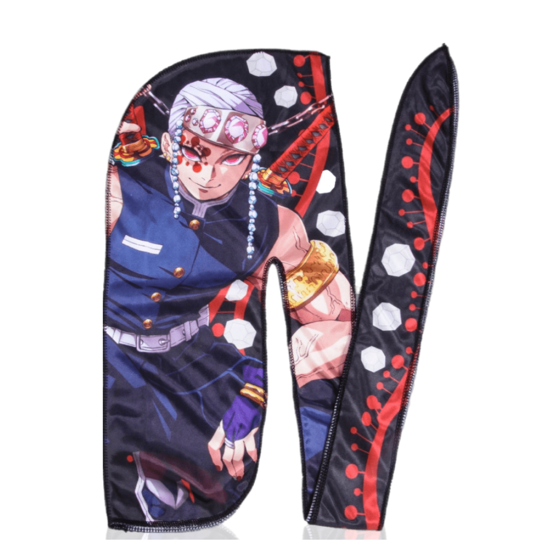 Uzui - Silky Crown Durag featuring detailed anime character design on smooth satin fabric.