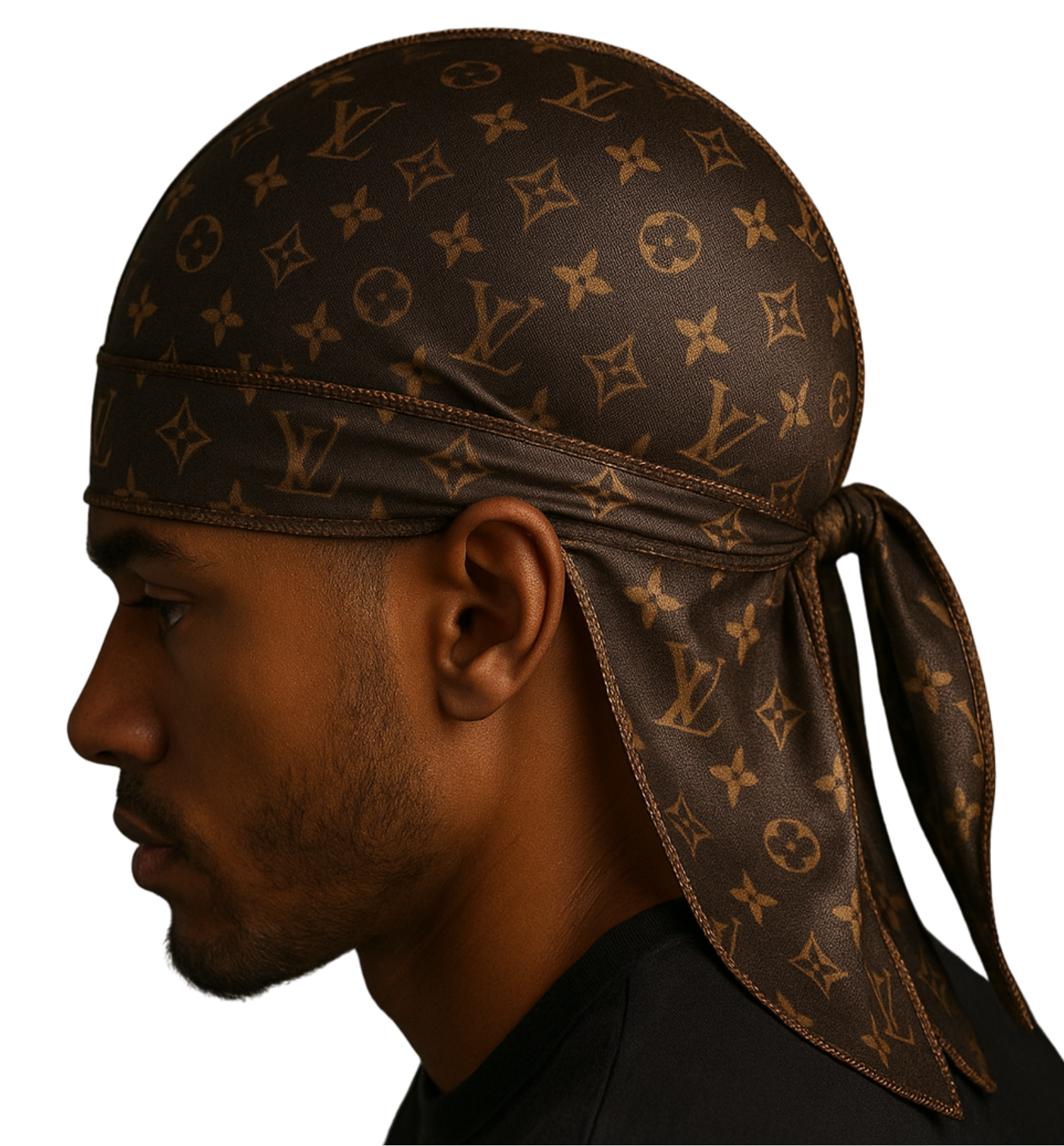 Person wearing a brown patterned headscarf on a white background