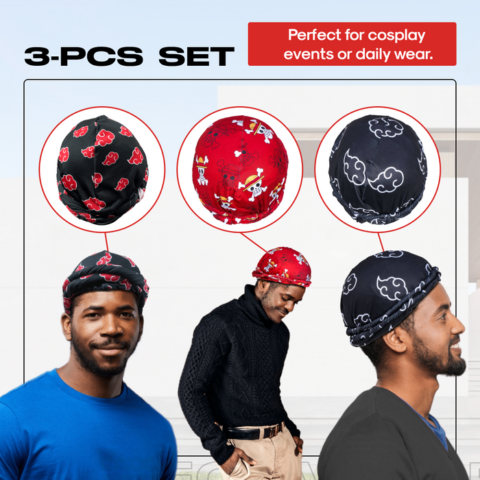 3 Pcs Anime Turban for Men - Satin Hair Wrap Head Scarf Halo Lined Stretch Head Wraps Crown Limited Supply