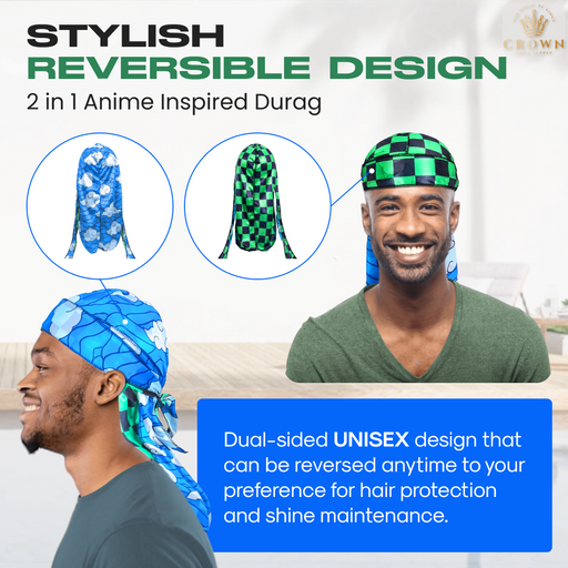 Reversible Anime Durag for Men and Women - Dual Sided Silky Satin Designer Durags, Wave Builder Doo Rag with Long Wide Tails Crown Limited Supply