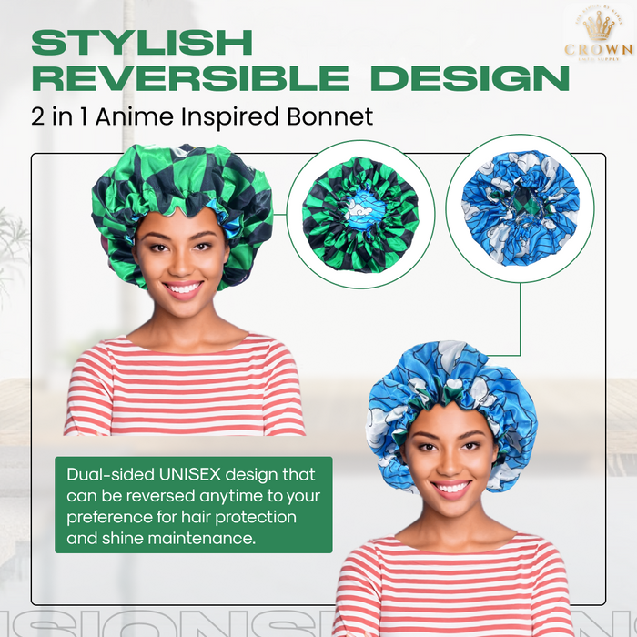 Double Layer Reversible Anime Bonnet for Men and Women - Comfortable Satin Silk Fabric with Elastic Soft Band, Blue Green Tanj Duo Crown Limited Supply