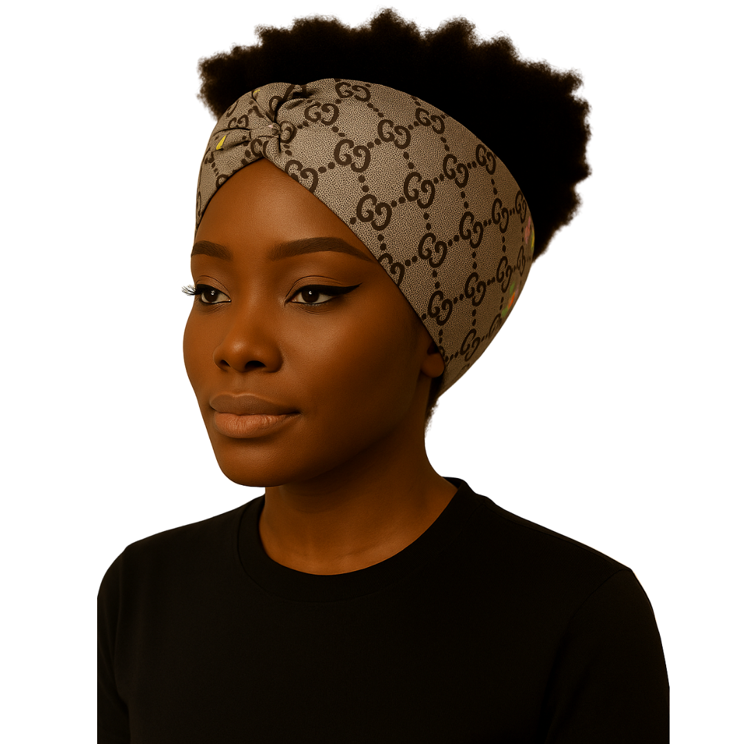 Woman wearing a patterned headband on a white background