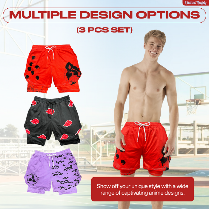 Anime Shorts 3pcs Set- Breathable Mesh Stretch Compression Gym Short with Pockets and Towel Holder, A Crown Limited Supply
