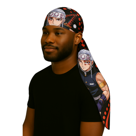 Uzui - Silky Crown Durag worn by a man, featuring anime character print on soft satin fabric.