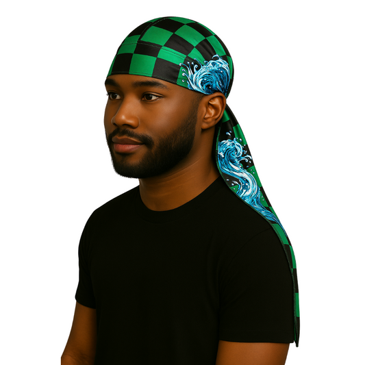 Man wearing a green and black checkered Water Dragon Tanj - Silky Crown Durag with blue wave design on white background