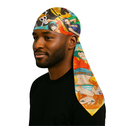 Yellow OP - Silky Crown Durag featuring vibrant anime design on soft satin silk, ideal for hair care and nighttime wear.