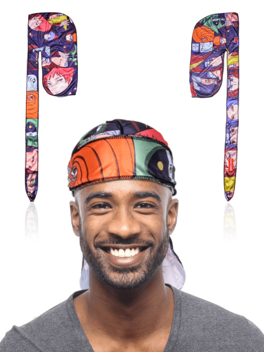 Anime Silk Designer Art Durags with Long Tails Quadruple Stitching Akat Group Crown Limited Supply