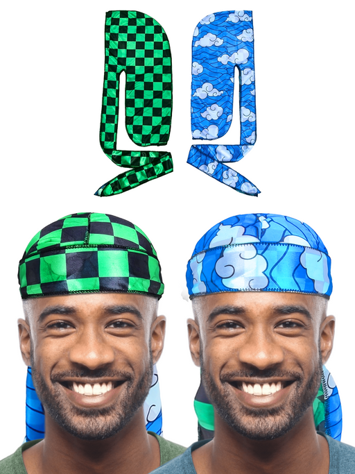 Reversible Anime Durag for Men and Women - Dual Sided Silky Satin Designer Durags, Wave Builder Doo Rag with Long Wide Tails Crown Limited Supply