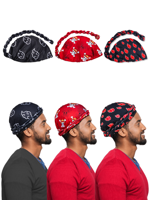 3 Pcs Anime Turban for Men - Satin Hair Wrap Head Scarf Halo Lined Stretch Head Wraps Crown Limited Supply