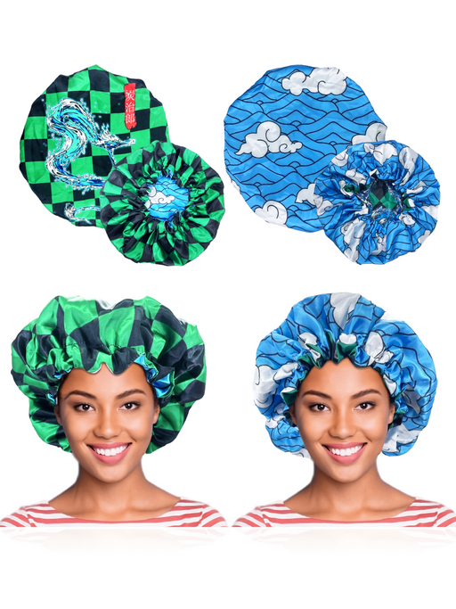 Double Layer Reversible Anime Bonnet for Men and Women - Comfortable Satin Silk Fabric with Elastic Soft Band, Blue Green Tanj Duo Crown Limited Supply