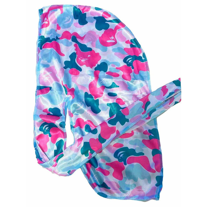 Pink Blue Camo Silky Durag Custom Silk-Satin Blend Durags for Men, Kids, One Size Fits Most Crown Limited Supply